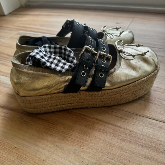 Miu Miu Gold ballet Platform Espadrille Shoes - Picture 4 of 7
